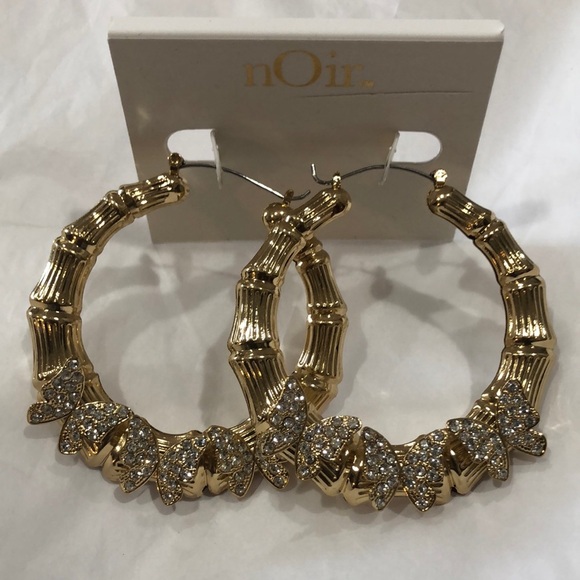 Gold plated pave butterfly adorned bamboo style oversized hoop earrings new - Picture 1 of 10